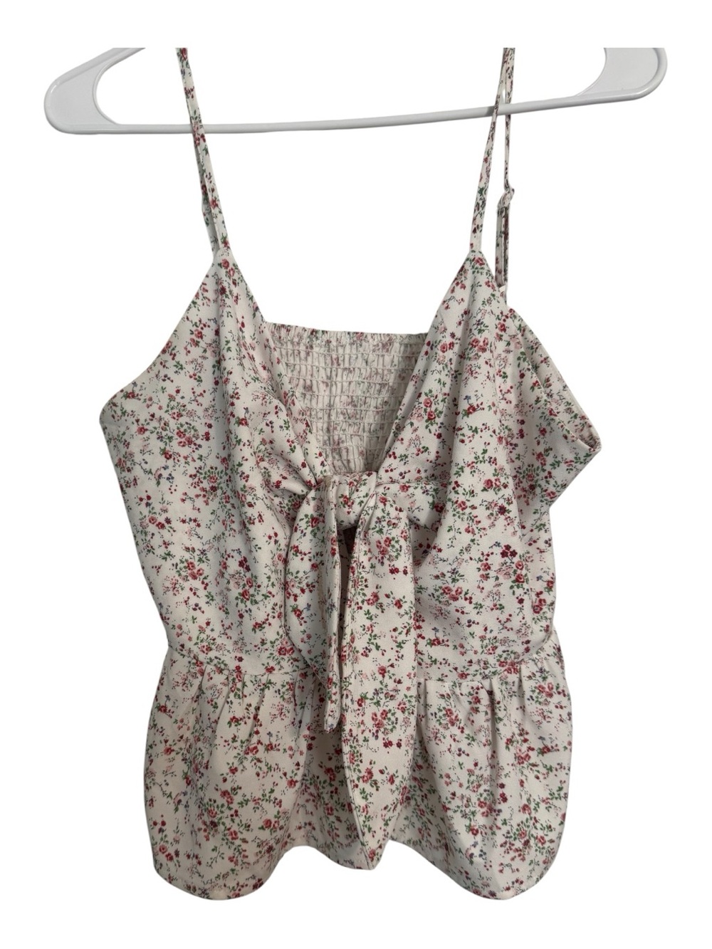 Floral Tie-Front Spaghetti Strap Top - Cream with Pink Floral